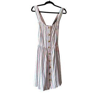 SO Striped Button Front Sundress Casual Summer Dress Colorful Stripes L